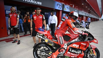 Ducati Lenovo's Spanish rider Marc Marquez leaves pits for a practice session of the MotoGP Argentina Grand Prix at the Termas de Rio Hondo circuit in Santiago del Estero, Argentina on March 14, 2025. (Photo by LUIS ROBAYO / AFP)