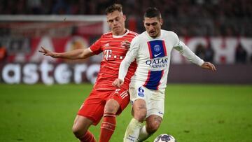 Paris Saint-Germain's Italian midfielder Marco Verratti (R) is fouled by Bayern Munich's German midfielder Joshua Kimmich during the UEFA Champions League round of 16, 2nd-leg football match FC Bayern Munich v Paris Saint-Germain FC in Munich, southern Germany, on March 8, 2023. (Photo by FRANCK FIFE / AFP) (Photo by FRANCK FIFE/AFP via Getty Images)