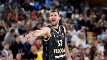 Nikola Mirotic of AS Monaco reacts during the Euroleague Basketball match between AS Monaco and Dubai Basketball at the Louis II stadium, in Monaco, 03 October 2025.