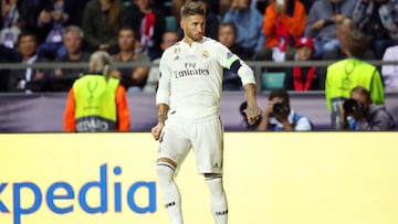 Sergio Ramos celebra su gol de penalti en la final de la Supercopa de Europa entre Real Madrid y Atlético de Madrid.