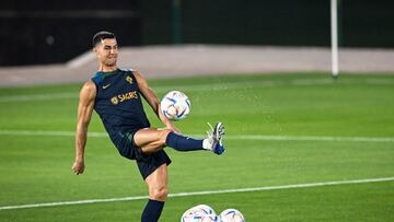 Portugal's forward #07 Cristiano Ronaldo takes part in a training session at the Al Shahaniya SC training site in Doha on December 8, 2022, in the build-up to the Qatar 2022 World Cup quarter final football match between Portugal and Morocco. (Photo by PATRICIA DE MELO MOREIRA / AFP)