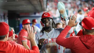 ANAHEIM, CALIFORNIA - AUGUST 22: Elly De La Cruz #44 of the Cincinnati Reds celebrates after scoring in the fifth inning against the Los Angeles Angels at Angel Stadium of Anaheim on August 22, 2023 in Anaheim, California.   Meg Oliphant/Getty Images/AFP (Photo by Meg Oliphant / GETTY IMAGES NORTH AMERICA / Getty Images via AFP)