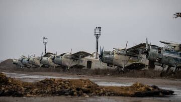 KHERSON, UKRAINE - FEBRUARY 14: Wrecked Soviet-era planes, most of them Antonov AN-2 single-engine planes for enger, military, and crop-dusting use, form an aircraft graveyard as the Kherson International Airport lies in ruins after being used as a logistics hub and base by the Russian military during more than eight months of occupation, until Russian forces abandoned it and withdrew in November, on February 14, 2023 in Kherson, Ukraine. Though the Ukraine Armed Forces pushed Russian troops out of the city, prompting scenes of jubilation during the liberation in mid-November, Russian forces retreated only across the Dnipro River and continue to shell and rocket Kherson daily. (Photo by Scott Peterson/Getty Images)
