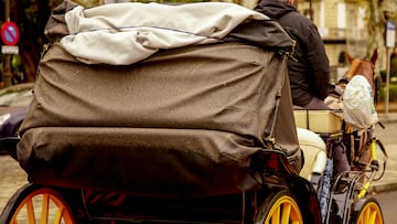 Un coche de caballos lleno de barro por las calles de Sevilla.