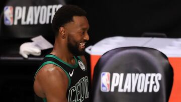 LAKE BUENA VISTA, FLORIDA - SEPTEMBER 01: Kemba Walker #8 of the Boston Celtics reacts to their win during the fourth quarter against the Toronto Raptors in Game Two of the Eastern Conference Second Round during the 2020 NBA Playoffs at The Field House at ESPN Wide World Of Sports Complex on September 01, 2020 in Lake Buena Vista, Florida. NOTE TO USER: User expressly acknowledges and agrees that, by downloading and or using this photograph, User is consenting to the terms and conditions of the Getty Images License Agreement.   Mike Ehrmann/Getty Images/AFP
 == FOR NEWSPAPERS, INTERNET, TELCOS &amp; TELEVISION USE ONLY ==