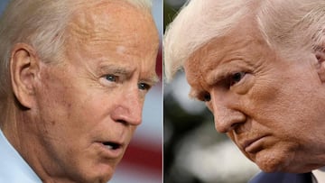 (COMBO) This combination of file photos created on October 15, 2020 shows
 Democratic presidential candidate Joe Biden(L) speaking in Tampa, Florida on September 15, 2020 and US President Donald Trump speaking to reporters as he makes his way to board Mar