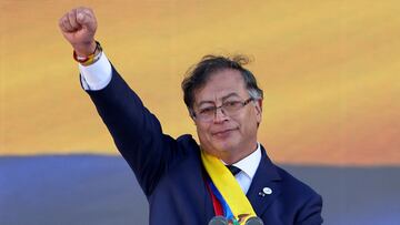 FILE PHOTO: Gustavo Petro gestures during his swearing-in ceremony at Plaza Bolivar, in Bogota, Colombia August 7, 2022. REUTERS/Luisa Gonzalez/File Photo