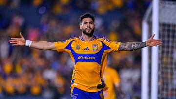 Juan Sanchez Purata celebrates his goal 1-1 of Tigres during the Semi-Finals first leg match between Tigres UANL and Cruz Azul as part of the CONCACAF Champions Cup 2025, at Universitario Stadium on April 23, 2025 in Monterrey, Nuevo Leon, Mexico.