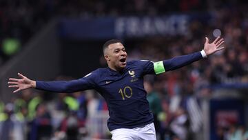 (FILES) France's forward #10 Kylian Mbappe celebrates after scoring a goal during the UEFA EURO 2024 Group B qualifying football match between France and Gibraltar at the Allianz Riviera stadium in Nice, southeastern France, on November 18, 2023. Kylian Mbappe has signed for Real Madrid, according to the club, AFP reports on June 3, 2024. (Photo by FRANCK FIFE / AFP)