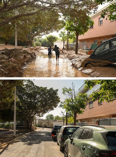 Imagen superior: Dos mujeres caminan por las calles cubiertas de barro en medio de autos apilados en el municipio de Picanya. Imagen inferior: La misma zona en la actualidad. 