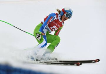 Ilka Stuhec of Slovenia celebrates as she crosses the finish line.