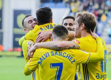 Jugadores del Cádiz celebran un gol en el Cádiz-Córdoba.