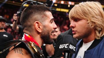 LAS VEGAS, NEVADA - JUNE 28: (L-R) Ilia Topuria of Spain faces off against Paddy Pimblett in the UFC lightweight championship bout during the UFC 317 event at T-Mobile Arena on June 28, 2025 in Las Vegas, Nevada. (Photo by Jeff Bottari/Zuffa LLC)