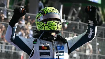 McLaren's British driver Lando Norris celebrates after winning the Mexico City Formula One Grand Prix at the Hermanos Rodriguez racetrack in Mexico City on October 26, 2025. (Photo by Yuri CORTEZ / AFP)
