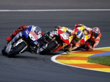 Jorge Lorenzo, Dani Pedrosa y Marc Márquez durante el Gran Premio de la Comunidad Valenciana disputado en el Circuito Ricardo Tormo en Cheste