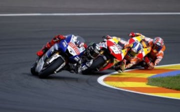 Jorge Lorenzo, Dani Pedrosa y Marc Márquez durante el Gran Premio de la Comunidad Valenciana disputado en el Circuito Ricardo Tormo en Cheste