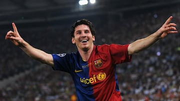 When did Messi score his first and last goals for Barcelona?