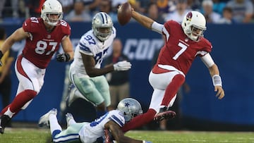 Aug 3, 2017; Canton, OH, USA;  Arizona Cardinals quarterback Blaine Gabbert (7) is sacked by Dallas Cowboys cornerback Anthony Brown (30) during the first quarter at Tom Benson Hall of Fame Stadium. Mandatory Credit: Charles LeClaire-USA TODAY Sports