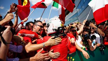 NORTHAMPTON, ENGLAND - JULY 08: Race winner Sebastian Vettel of Germany and Ferrari celebrates in parc ferme during the Formula One Grand Prix of Great Britain at Silverstone on July 8, 2018 in Northampton, England. (Photo by Will Taylor-Medhurst/Getty