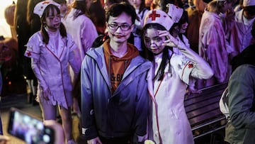 WUHAN, CHINA - OCTOBER 29: (CHINA OUT) People dressed in Halloween-themed costumes participate in a parade event celebrating Halloween at the Happy Valley on October 29, 2020 in Wuhan, Hubei province, China.As there have been no recorded cases of communit