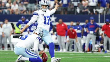 Sep 14, 2025; Arlington, Texas, USA; Dallas Cowboys place kicker Brandon Aubrey (17) kicks the game-winning field goal against the New York Giants during overtime at AT&T Stadium. Mandatory Credit: Kevin Jairaj-Imagn Images