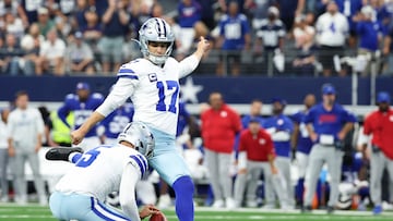 Sep 14, 2025; Arlington, Texas, USA; Dallas Cowboys place kicker Brandon Aubrey (17) kicks the game-winning field goal against the New York Giants during overtime at AT&T Stadium. Mandatory Credit: Kevin Jairaj-Imagn Images