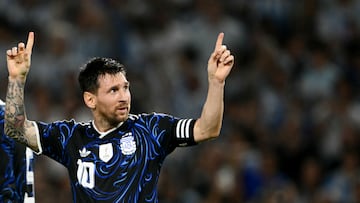 Argentina's forward #10 Lionel Messi celebrates scoring his team's second goal during a friendly football match between Argentina and Zambia at La Bombonera stadium in Buenos Aires on March 31, 2026. (Photo by Luis ROBAYO / AFP)