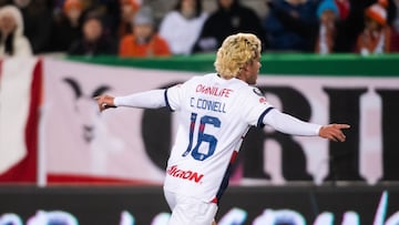  Cade Cowell celebrates his goal 0-1 of Guadalajara during the round one first leg match between Forge FC and Guadalajara as part of the CONCACAF Champions Cup 2024 at Tim Hortons Field Stadium on February 07, 2024 in Hamilton, Ontario, Canada.