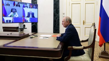 Russian President Vladimir Putin chairs a meeting with members of the Security Council via video link at the Kremlin in Moscow, Russia, August 11, 2023. Sputnik/Mikhail Klimentyev/Kremlin via REUTERS ATTENTION EDITORS - THIS IMAGE WAS PROVIDED BY A THIRD PARTY.