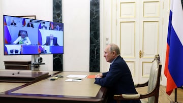 Russian President Vladimir Putin chairs a meeting with members of the Security Council via video link at the Kremlin in Moscow, Russia, August 11, 2023. Sputnik/Mikhail Klimentyev/Kremlin via REUTERS ATTENTION EDITORS - THIS IMAGE WAS PROVIDED BY A THIRD PARTY.