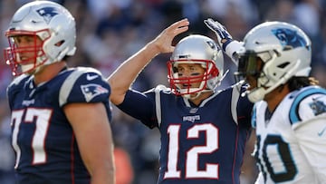 Oct 1, 2017; Foxborough, MA, USA; New England Patriots quarterback Tom Brady (12) reacts during the second half against the Carolina Panthers at Gillette Stadium. Mandatory Credit: Greg M. Cooper-USA TODAY Sports