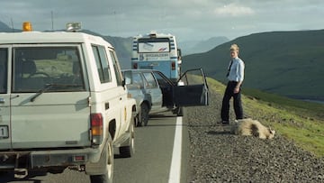 El carnero atropellado, en la cuneta. Al fondo, el autocar que trasladaba a la Selecci&oacute;n espa&ntilde;ola. Fue el 2 de septiembre de 1996.
 