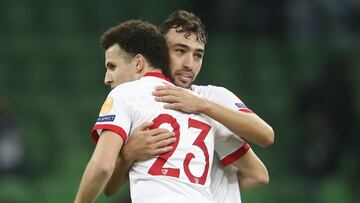 Soccer Football - Champions League - Group E - FC Krasnodar v Sevilla - Krasnodar Stadium, Krasnodar, Russia - November 24, 2020 Sevilla&#039;s Munir El Haddadi celebrates with teammates after the match REUTERS/Maxim Shemetov