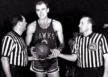 <b>- Años en la NBA:</b> 1954-1965 <br> <b>- Equipos:</b> Milwaukee/St. Louis Hawks. <b>- Medias de su carrera:</b> 26,4 puntos, 16,2 rebotes, 3 asistencias. <br> <b>- Mejor temporada:</b> (1960-61) 27,9 puntos, 20,3 rebotes, 3,4 asistencias. <br> <b>- Méritos:</b> Una vez campeón, 3 veces MVP, 11 veces all star, 10 veces en el Mejor Quinteto. <br> <br> En los años 60 evolucionó con la NBA y no bajó su rendimiento: nunca promedió menos de 24+12 en una temporada, un mérito descomunal en tiempos en los que el eje bases-pívots era la articulación básica de los equipos y los ala-pívots se limitaban a rebotear y hacer el trabajo duro. Fue el primer MVP de la NBA en 1956 y repitió después en 1959.