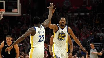 Apr 26, 2019; Los Angeles, CA, USA; Golden State Warriors forward Kevin Durant (35) celebrates with forward Draymond Green (23) against the LA Clippers in the first half of game six of the first round of the 2019 NBA Playoffs  at Staples Center. Mandatory Credit: Kirby Lee-USA TODAY Sports