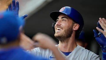 Chicago Cubs center fielder Cody Bellinger (24) celebrates in the dugout after hitting a solo home run in the third inning of an MLB National League game between the Cincinnati Reds and the Chicago Cubs at Great American Ball Park in downtown Cincinnati on Friday, Sept. 1, 2023. The Reds won 3-2 on a walk-off single off the bat of third baseman Noelvi Marte, scoring Stuart Fairchild from third base.