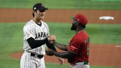 MIAMI, FLORIDA - MARCH 20: Shohei Ohtani #16 of Team Japan and Randy Arozarena #56 of Team Mexico greet each other before the start of the World Baseball Classic Semifinals at loanDepot park on March 20, 2023 in Miami, Florida. (Photo by Koji Watanabe - SAMURAI JAPAN/SAMURAI JAPAN via Getty Images)