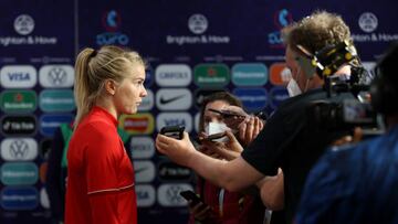 BRIGHTON, ENGLAND - JULY 11: Ada Hegerberg of Norway speaks to the media following the UEFA Women's Euro 2022 group A match between England and Norway at Brighton & Hove Community Stadium on July 11, 2022 in Brighton, England. (Photo by Catherine Ivill - UEFA/UEFA via Getty Images)