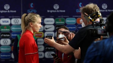 BRIGHTON, ENGLAND - JULY 11: Ada Hegerberg of Norway speaks to the media following the UEFA Women's Euro 2022 group A match between England and Norway at Brighton & Hove Community Stadium on July 11, 2022 in Brighton, England. (Photo by Catherine Ivill - UEFA/UEFA via Getty Images)