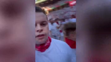 The running of the bulls in Pamplona, Spain regularly sees severe injuries and this man had just turned his camera on to film himself when he was maimed.