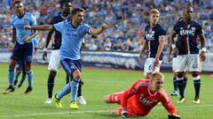 Aug 20, 2017; New York, NY, USA; New York City FC forward David Villa (7) reacts after his goal against New England Revolution goalkeeper Cody Cropper (1) during the second half at Yankee Stadium. Mandatory Credit: Brad Penner-USA TODAY Sports