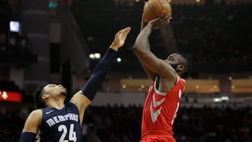 Nov 11, 2017; Houston, TX, USA; Houston Rockets guard James Harden (13) pulls up for a jump shot over Memphis Grizzlies forward Dillon Brooks (24) during the first quarter at Toyota Center. Mandatory Credit: Erik Williams-USA TODAY Sports