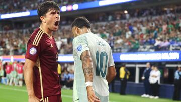 Jun 26, 2024; Inglewood, CA, USA; Venezuela defender Jon Mikel Aramburu (4) reacts after blocking a cross from Mexico forward Ernesto Vega (10) during the second half a match at SoFi Stadium. Mandatory Credit: Jessica Alcheh-USA TODAY Sports