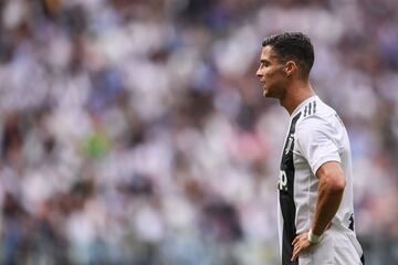 Juventus' Portuguese forward Cristiano Ronaldo reacts during the Italian Serie A football match Juventus vs Sassuolo on September 16, 2018 at the Juventus stadium in Turin. 
