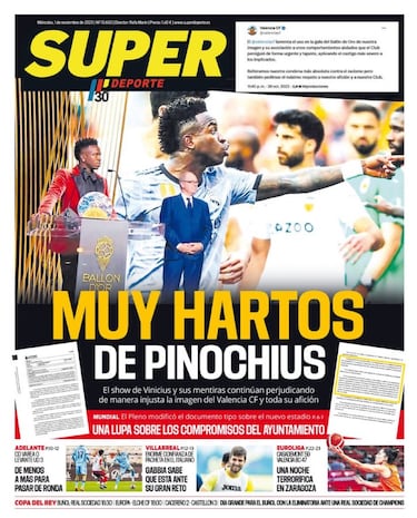 Nueva portada de Superdeporte, y con Vinicius: “Hartos de Pinochius”