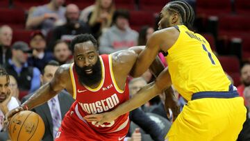 Nov 15, 2019; Houston, TX, USA; Houston Rockets guard James Harden (13) drives to the basket while Indiana Pacers forward T.J. Warren (1) defends during the second quarter at Toyota Center. Mandatory Credit: Erik Williams-USA TODAY Sports