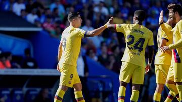 GETAFTE, SPAIN - SEPTEMBER 28: (L-R) Luis Suarez of FC Barcelona, Junior of FC Barcelona celebrate goal during the La Liga Santander match between Getafe v FC Barcelona at the Coliseum Alfonso Perez on September 28, 2019 in Getafte Spain (Photo by David