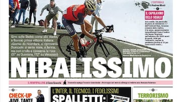 La Gazzetta dello Sport dedica su portada a Vincenzo Nibali tras lograr la primera victoria italiana en el Giro de Italia 2017.