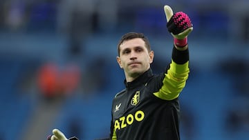 Aston Villa goalkeeper Dibu Martinez during the warm up prior to the Premier League match against Manchester City.