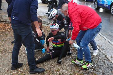 En el kilómetro 20, un perro se cruzó en medio del pelotón. El can fue atropellado por un ciclista del Quick-Step, Davide Ballerini, que impactó con el animal. Esto hizo que uno de los bidones que portaba en su bicicleta quedase en mitad de la carretera, Evenepoel se lo llevó por delante, perdió el equilibrio y se fue al suelo.